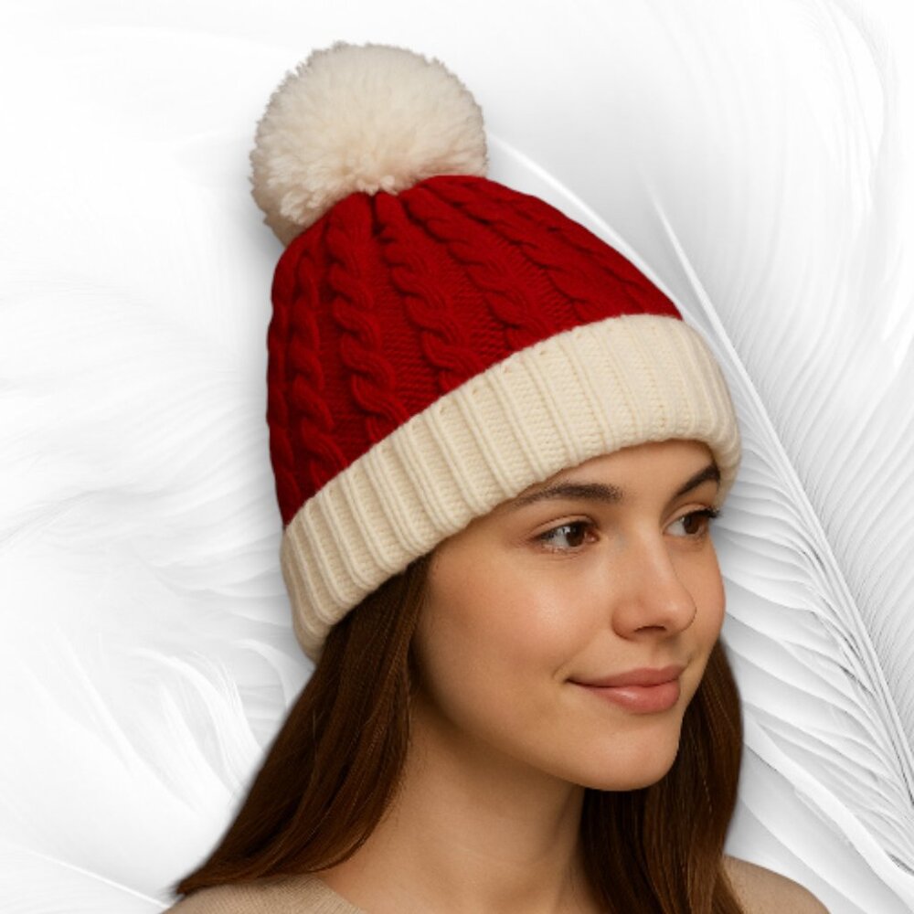 NEW Red Knit Winter Hat with White Trim and Pom-Pom